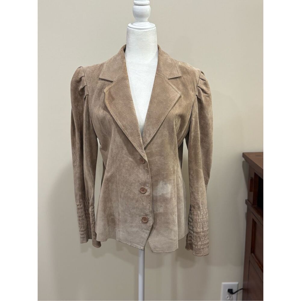 Wilson’s Leather Women's Long Puff Sleeve Suede Jacket Tan Beige Large - Picture 2 of 4